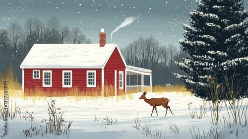 Wallpaper Mural Charming winter scene of red house with snow and deer in a serene landscape with falling snow and evergreen tree creating a peaceful holiday mood Torontodigital.ca