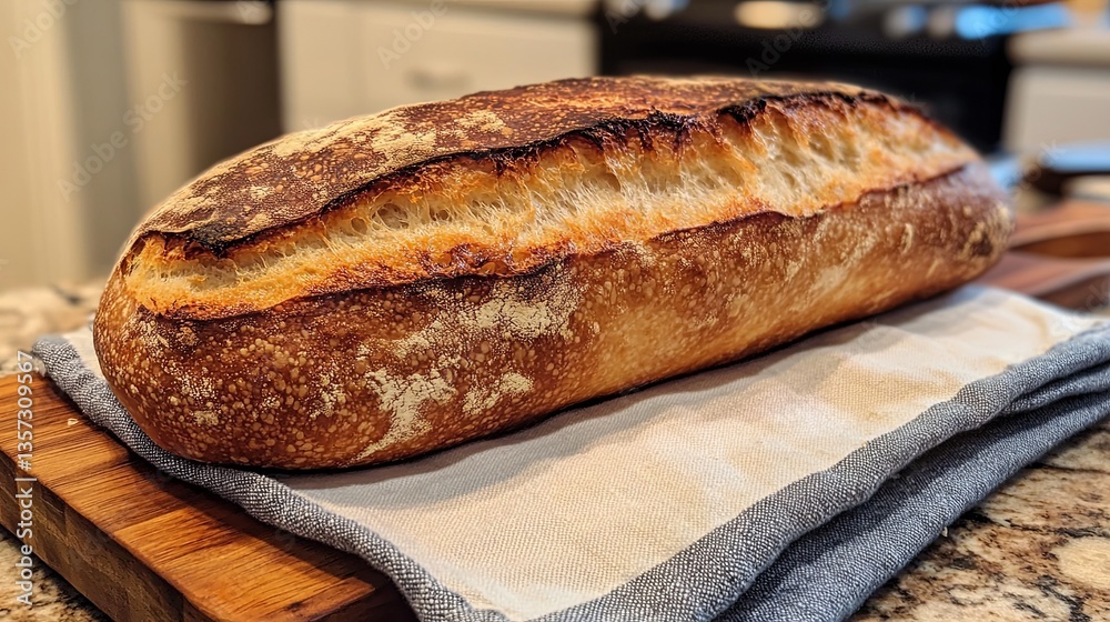 A single loaf of artisan sourdough bread styled with a linen cloth on a wooden board. background