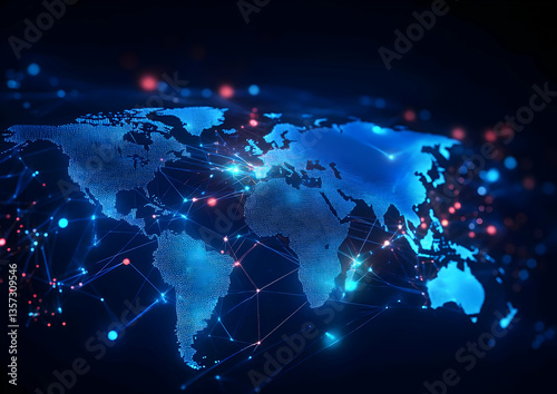 A futuristic global network visual, showcasing interconnected nodes and a world map illuminated in vibrant colors.