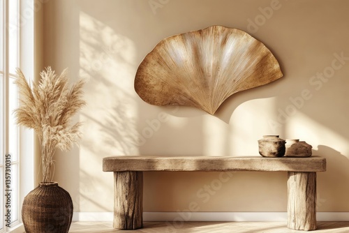 Warm, minimalist entryway with natural elements.  Wooden console table,  decorative fan-shaped leaf,  and dried pampas grass