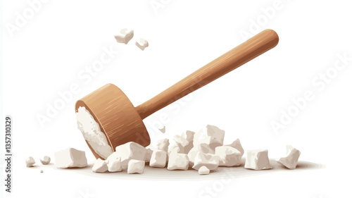 A digital illustration depicts a wooden mallet lying on a white background with a pile of small, irregularly shaped, white pieces of a substance scattered around it.  Some smaller pieces are