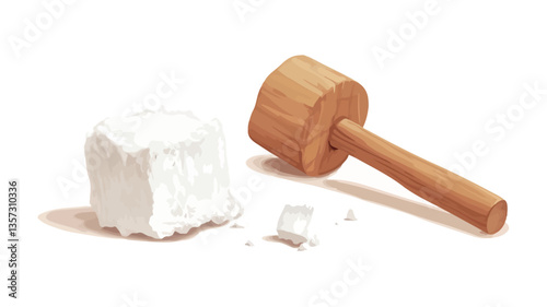 A close-up studio shot depicts a small wooden mallet lying next to a roughly cylindrical mass of a white, granular substance.  The substance appears to have been crushed or broken, with fragments