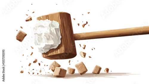 Digital illustration of a wooden mallet in mid-swing, striking a cube which is breaking apart into smaller fragments. The mallet has a light brown wooden handle and head. The cube is initially