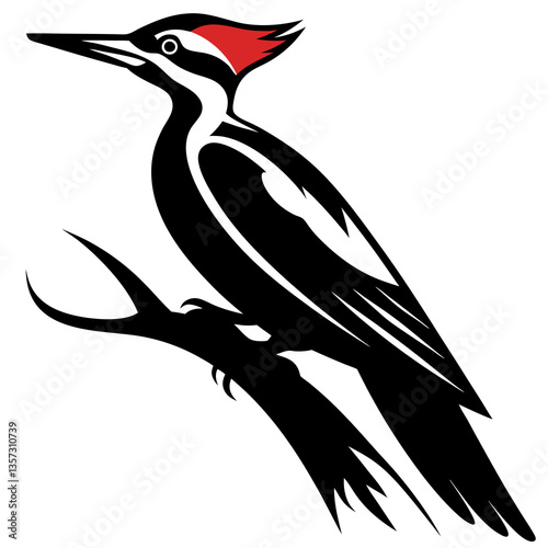 A majestic pileated woodpecker perched regally on a branch, a striking silhouette against a bright white background with bold black and red accents.
