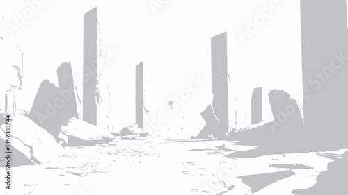 The image depicts a monochrome, grayscale rendering of a desolate urban landscape.  The scene is dominated by various sizes of ruined structures, suggesting significant destruction or abandonment.