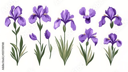 Collection of Diverse Purple Flowers in Vector Flat Illustration