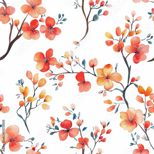Aquarelle branches blooming, white background, seamless pattern