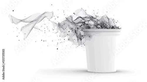 The image shows a white cylindrical container, possibly a cup or small tub, against a pure white background.  A dark gray or black mass of particles, resembling smoke or dust, is depicted in