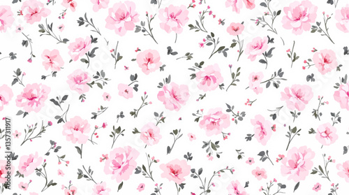 Watercolor seamless pattern pink wild flowers on the white background