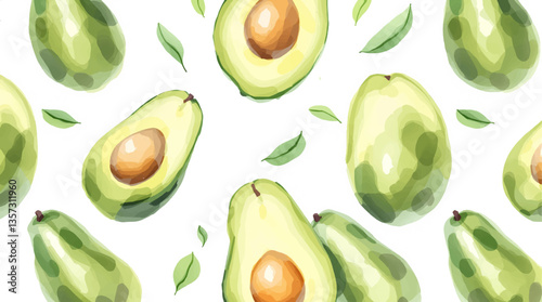 Watercolor background pattern avocado on white background