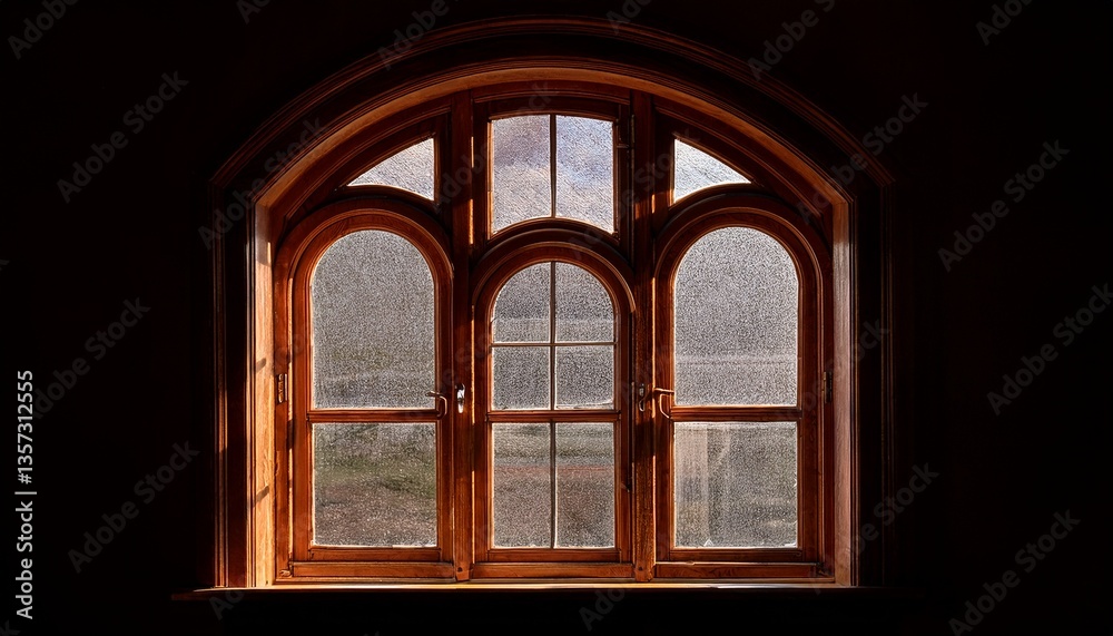 Obraz premium vintage wooden window with arch and glass panes warmly lit from within showcasing a rustic nostalgic charm against a dark background