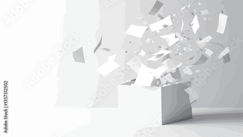 A digital rendering of a white cubic box with numerous small, white, irregularly shaped pieces exploding from its open top.  The pieces appear light and airy, creating a sense of movement. The
