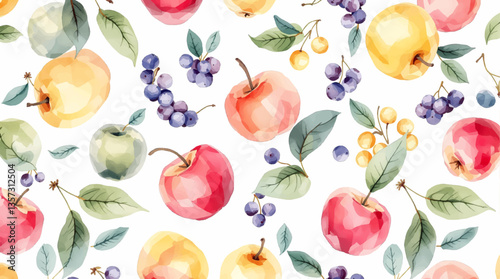 Watercolor pattern red apple white background vector	