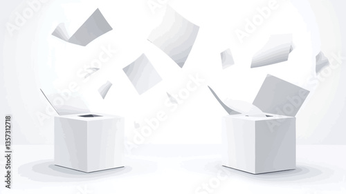 The image depicts a digital rendering of multiple white cubes, some appearing to float in mid-air, against a plain white background.  The cubes are uniformly shaped and sized, with subtle