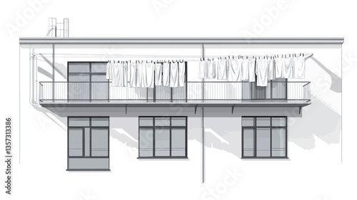 A grayscale architectural drawing depicting the exterior elevation of a modern building. The drawing shows a simplified representation of a building facade featuring a continuous balcony along the