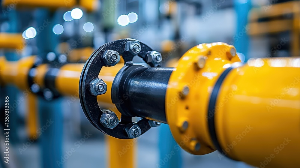 Obraz premium A close-up of a yellow industrial pipe fitting, showcasing detailed mechanics and connections in a factory setting.