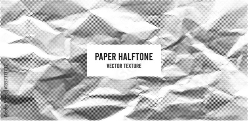 Overlay halftone texture of crumpled paper. Monochrome wrinkled paper sheet background created with dot pattern. Halftone notebook page. Vector.