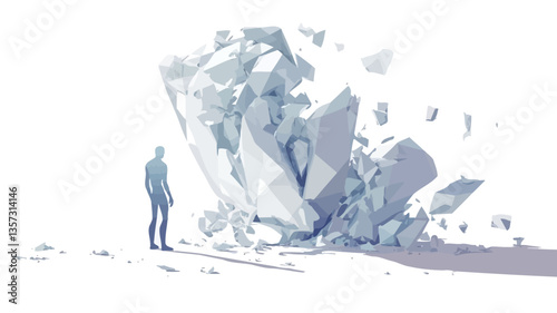 The image is a digital illustration depicting a solitary male figure standing before a large, abstract structure that is collapsing into fragmented, geometric shapes. The structure is primarily