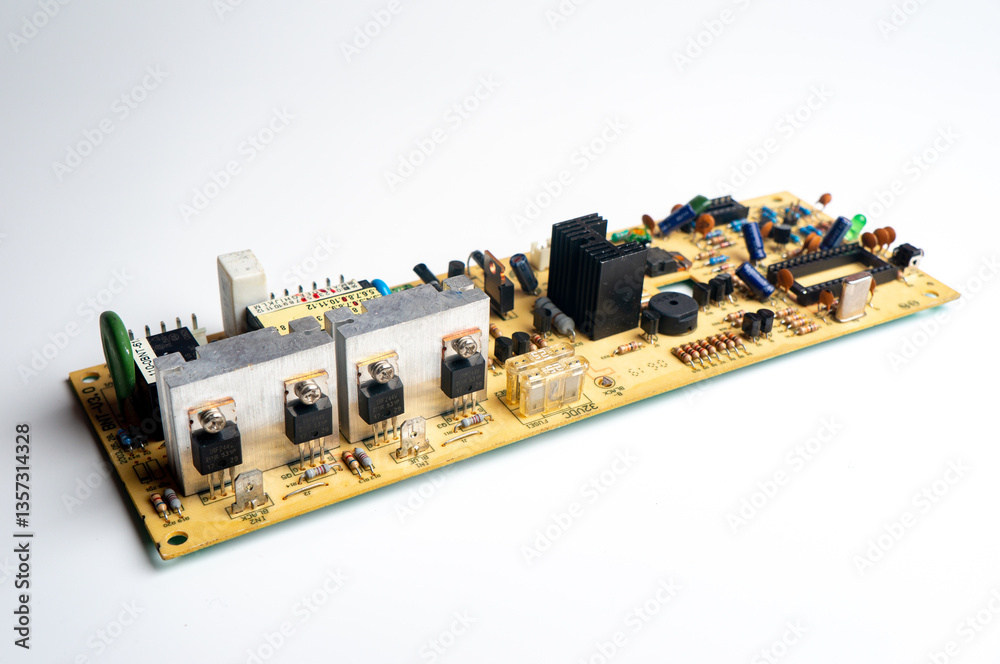 Electronic printed circuit board on white background general plan