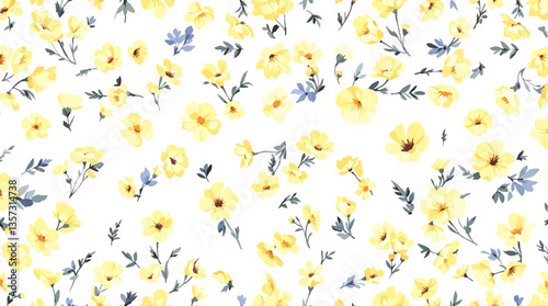 Watercolor seamless pattern yellow flowers on the white background