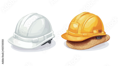 Digital illustration depicting two hard hats, one white and one yellow, presented in a slightly isometric view against a white background.  The hats are rendered with a smooth, slightly glossy