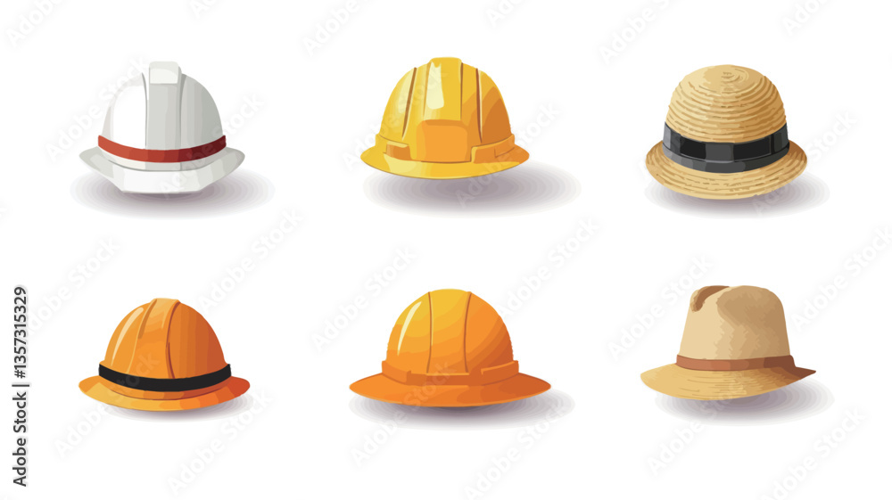The image contains six illustrations of hats against a white background. The illustrations appear to be digital renderings and exhibit a 3D effect, with slight shadows cast beneath each hat. The The image contains six illustrations of hats against a white background. The illustrations appear to be digital renderings and exhibit a 3D effect, with slight shadows cast beneath each hat. The