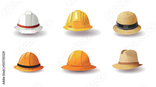 The image contains six illustrations of hats against a white background. The illustrations appear to be digital renderings and exhibit a 3D effect, with slight shadows cast beneath each hat.  The