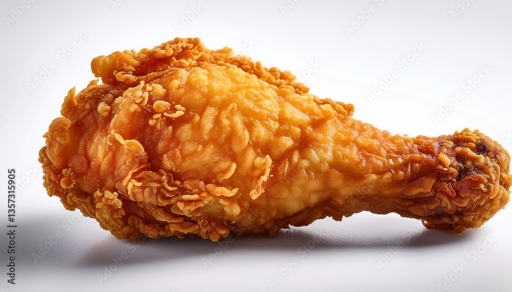 succulent fried chicken leg with crispy batter coating on white background golden hues fresh and hot close up food photography succulent fried chicken leg with crispy batter coating on white background golden hues fresh and hot close up food photography