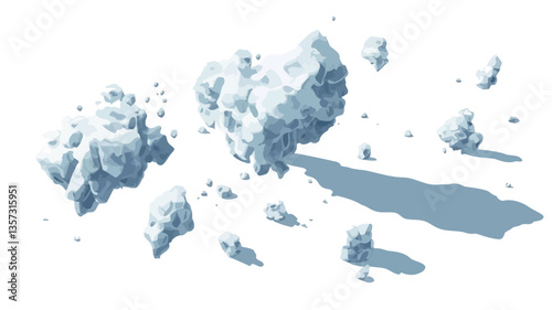 The image depicts an abstract arrangement of irregularly shaped ice fragments against a white background.  The fragments are rendered in shades of light blue and grey, with subtle shadows