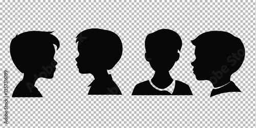 silhouette portraits, profile view, side view, frontal view, black and white, minimalist, clean lines, graphic design, vector art, head shapes, haircuts, diverse hairstyles, geometric forms