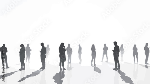 The image depicts numerous human silhouettes scattered across a bright white background. The figures are rendered in shades of gray, appearing as indistinct shapes without discernible features.