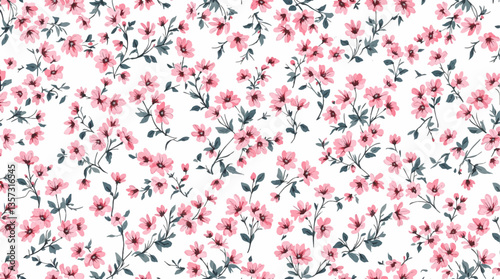Watercolor seamless pattern pink wild flowers on the white background
