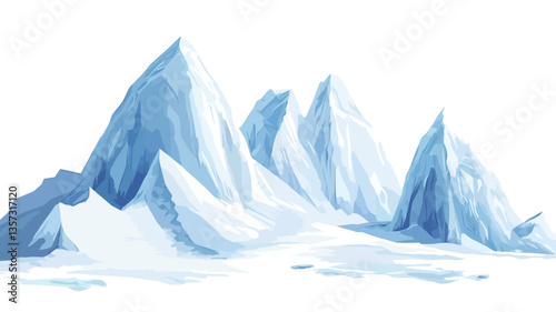 Digital illustration depicting a range of stylized glacial peaks against a white background.  The peaks are rendered with varying shades of blue and white, suggesting ice and snow.  The style is