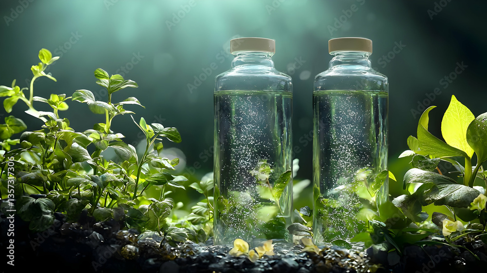 Two clear bottles filled with liquid, surrounded by lush greenery Two clear bottles filled with liquid, surrounded by lush greenery