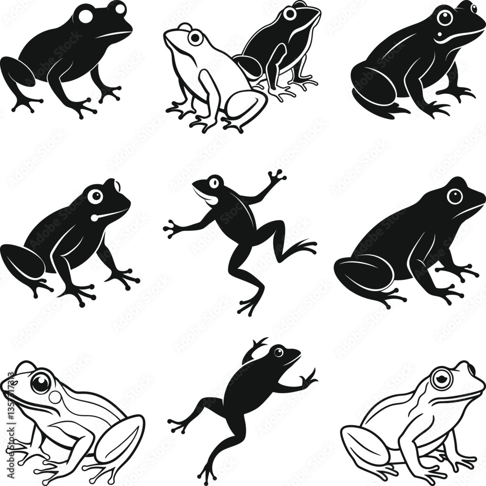 Obraz premium Frog silhouettes. Collection of vector amphibian silhouette isolated. Vector silhouettes of amphibians, 