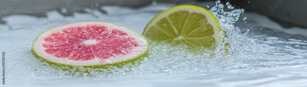 Citrus slices falling into clear, splashing water for a fresh & clean feeling Citrus slices falling into clear, splashing water for a fresh & clean feeling