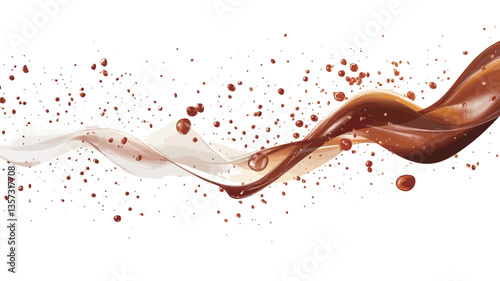 The image shows an abstract representation of a brown liquid, possibly chocolate or coffee, in a dynamic swirl against a pure white background. The liquid has a creamy texture, with visible