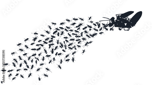 A digital illustration depicting a swarm of small, dark-colored insects scattering against a stark white background. The insects are rendered in a simplified, graphic style, lacking fine detail.