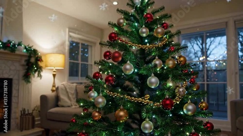Elegant Christmas Tree in a Cozy Home by the Fireplace, Warm and Festive Atmosphere
