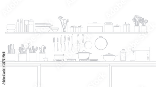 The image is a minimalist line art illustration depicting a kitchen shelf and countertop.  The shelf displays various jars, bottles, and boxes, suggesting spices and food storage. The countertop