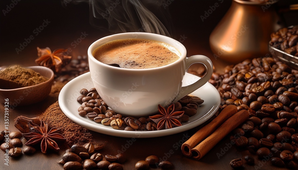 Fototapeta premium aromatic coffee in white cup surrounded by coffee beans and spices evoking warmth and comfort