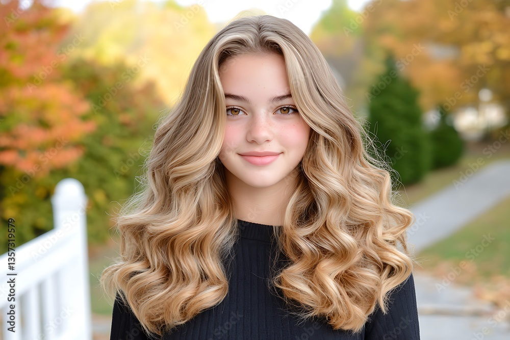 Fototapeta premium Stunning blonde to caramel balayage in urban salon creative angle showcase