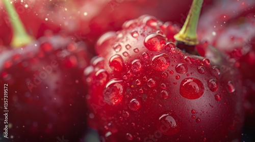 Close-up of fresh red cherries glistening with water droplets against a blurred background, evoking freshness and vitality.