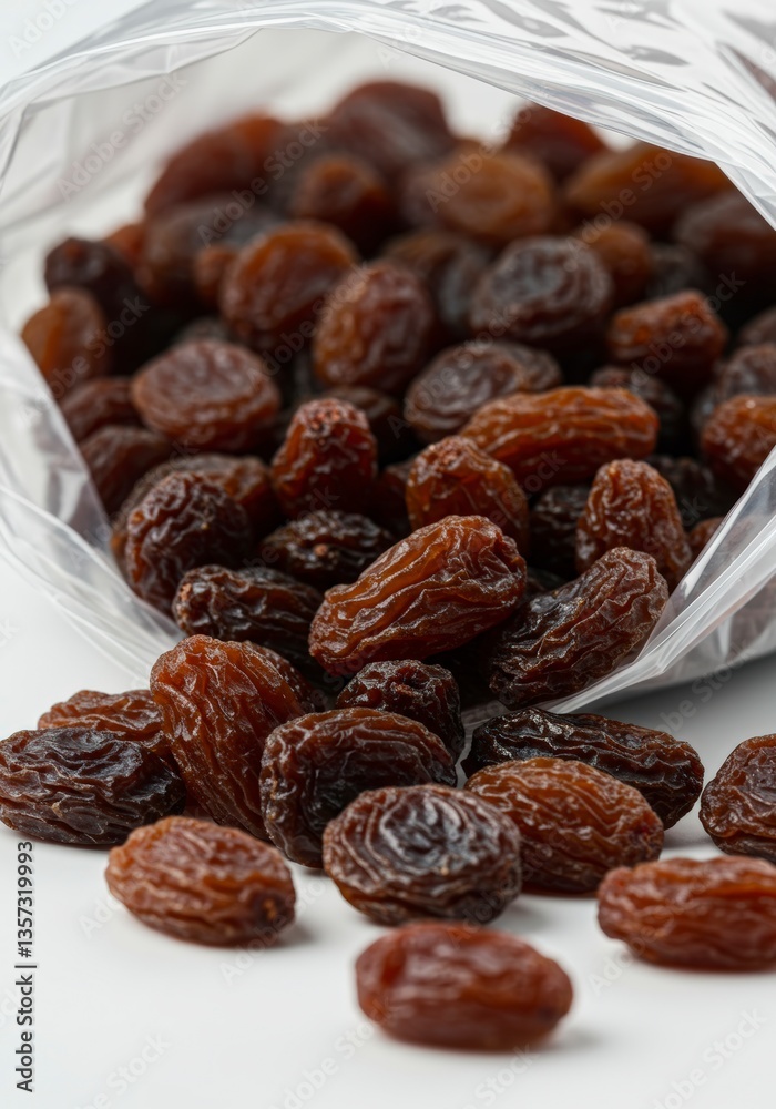 Fototapeta premium Pouring Raisins From Plastic Bag on White Surface for Snacking
