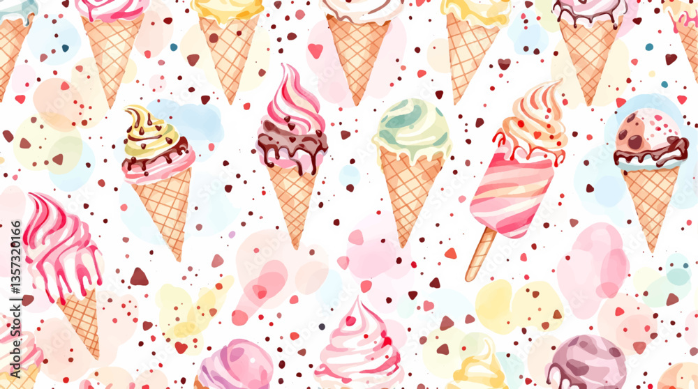 Watercolor pattern ice cream white background vector	