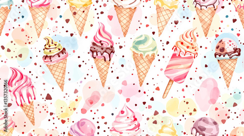 Watercolor pattern ice cream white background vector	