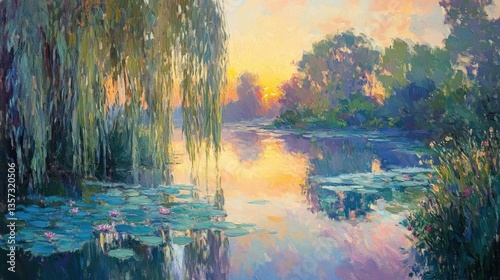 A painting of water lilies and a weeping willow tree