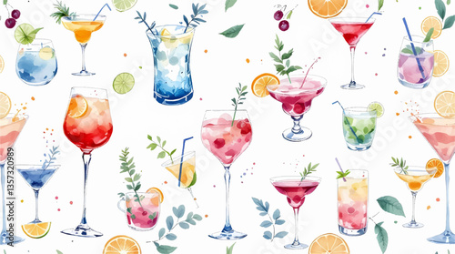 Watercolor tropical cocktails white background	