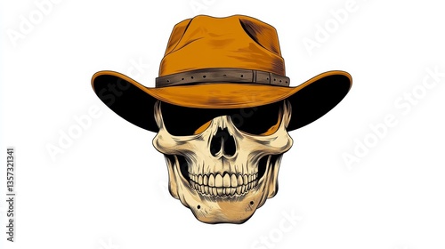 Skull wearing a cowboy hat, showcasing a rustic western theme in a stylized design