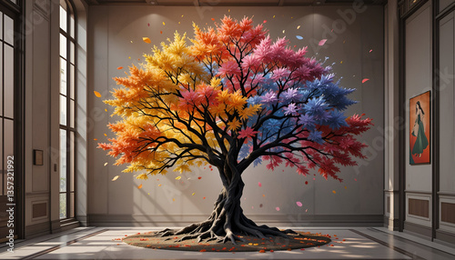 A vibrant tree adorned with leaves on suspended branches set against a blue, white, and golden illustrated backdrop, serving as a 3D abstract wallpaper for interior mural wall art decor, featuring a
